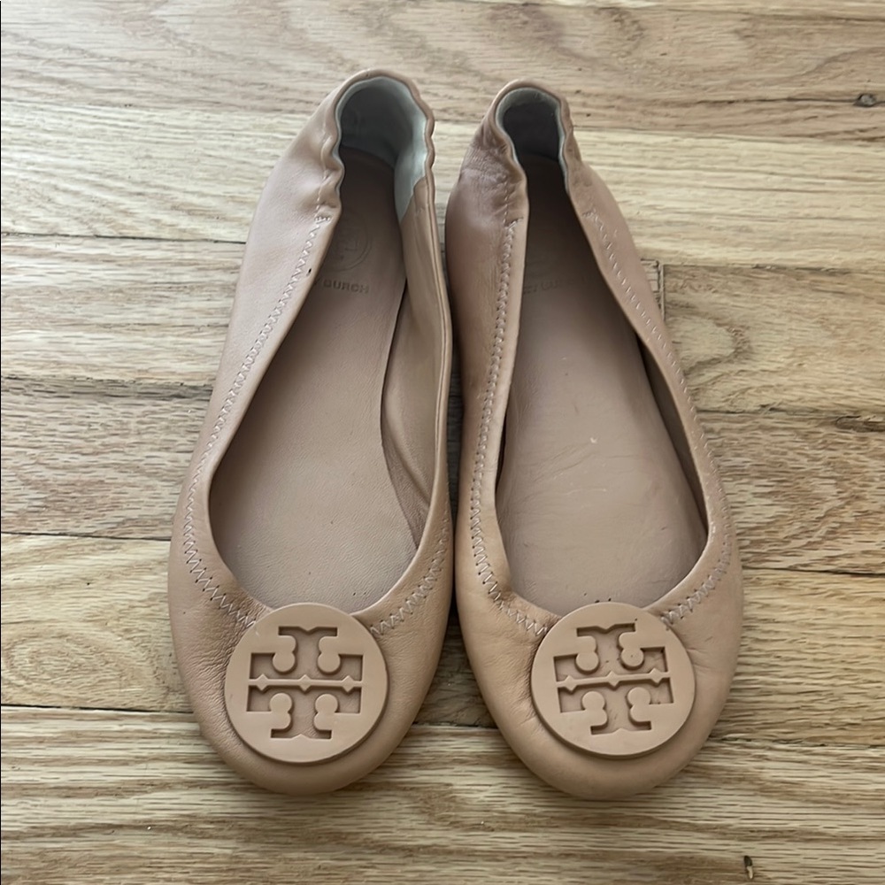 Tory Burch Tan Flats with Iconic Logo